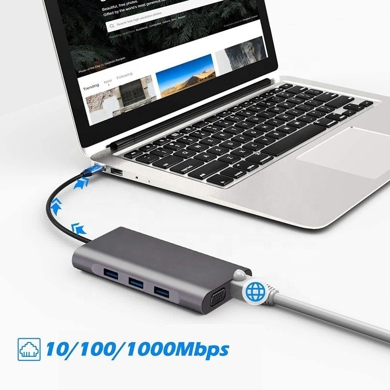 USB C Hub Tipo-C a USB 3.0 HDMI VGA RJ45 Lan SD TF Audio Adaptador de puertos múltiples USB gris