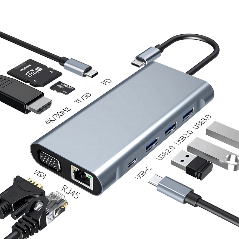 Estación de acoplamiento USB tipo C 10 en 1 con 4K HDTV VGA Lan RJ45 USB3.0 Lector de tarjetas PD