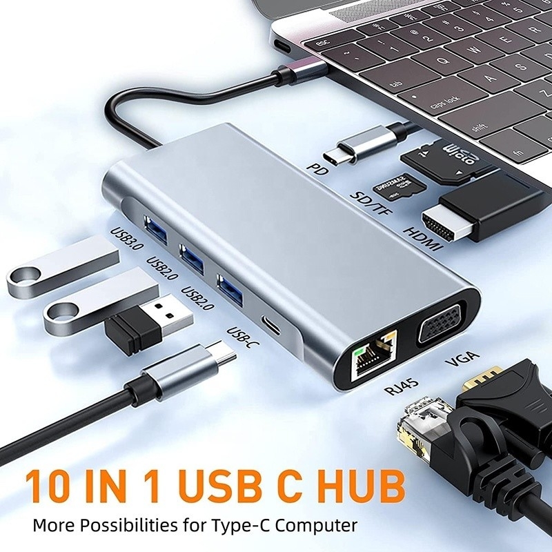 Estación de acoplamiento USB tipo C 10 en 1 con 4K HDTV VGA Lan RJ45 USB3.0 Lector de tarjetas PD