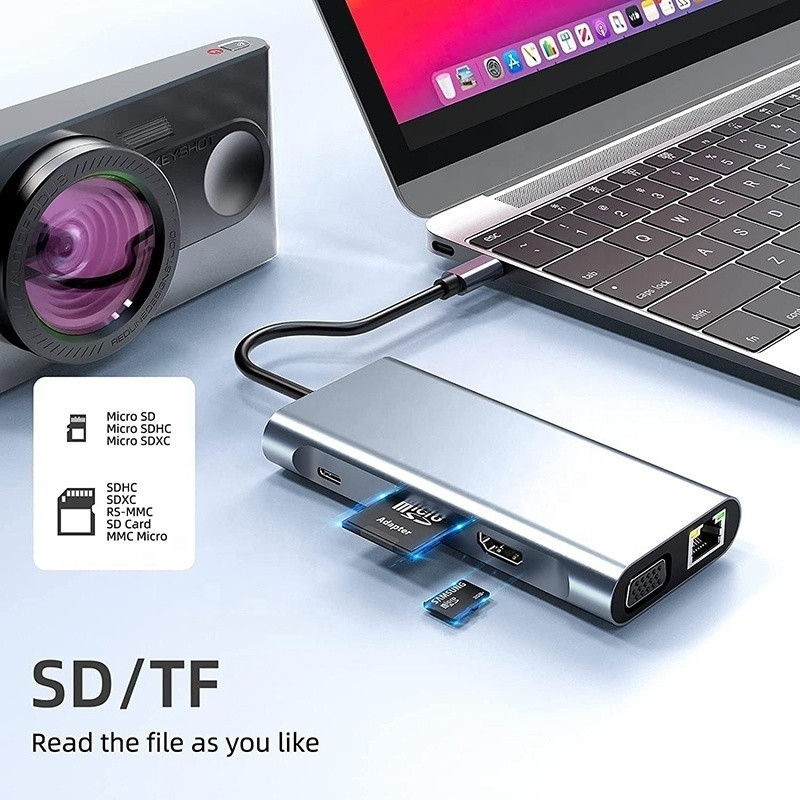 Estación de acoplamiento USB tipo C 10 en 1 con 4K HDTV VGA Lan RJ45 USB3.0 Lector de tarjetas PD