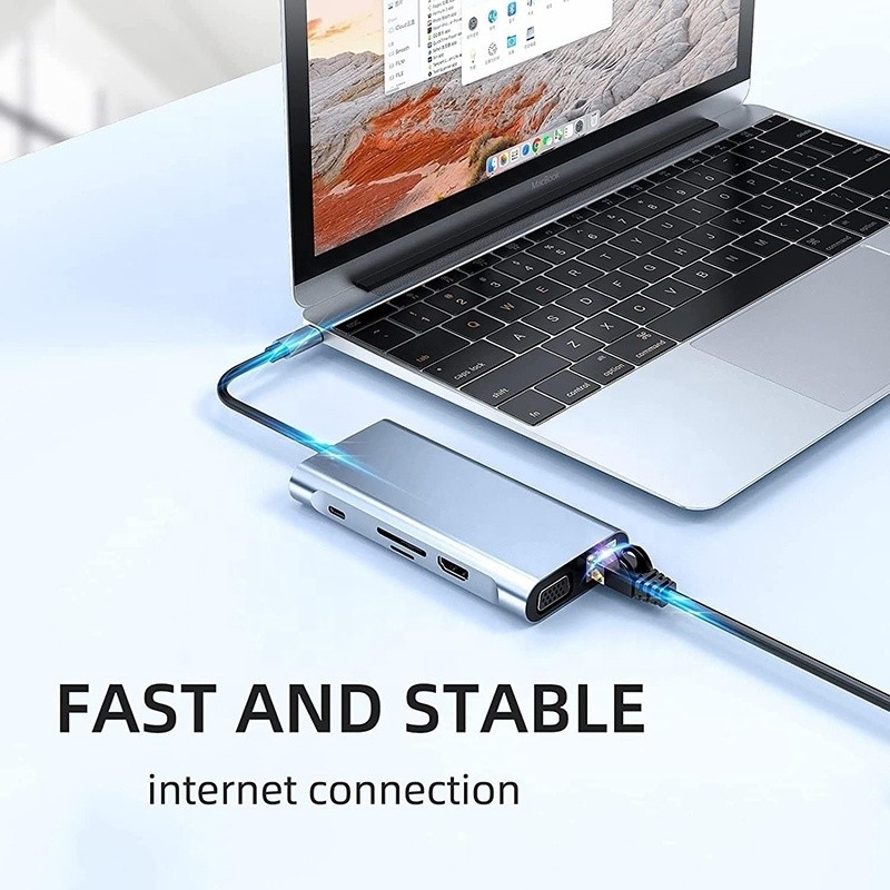 Estación de acoplamiento USB tipo C 10 en 1 con 4K HDTV VGA Lan RJ45 USB3.0 Lector de tarjetas PD