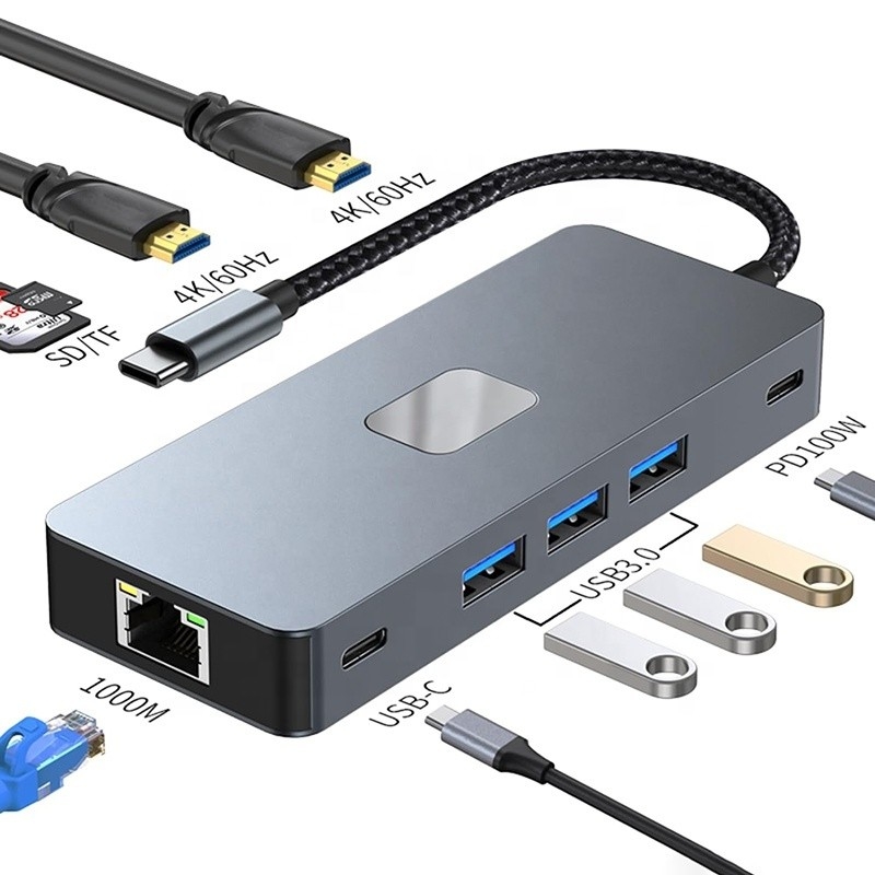 10 en 1 USB C Hub para HDMI doble 4K 60Hz Adaptador con USB 3.0 Ethernet RJ45 1000Mbps