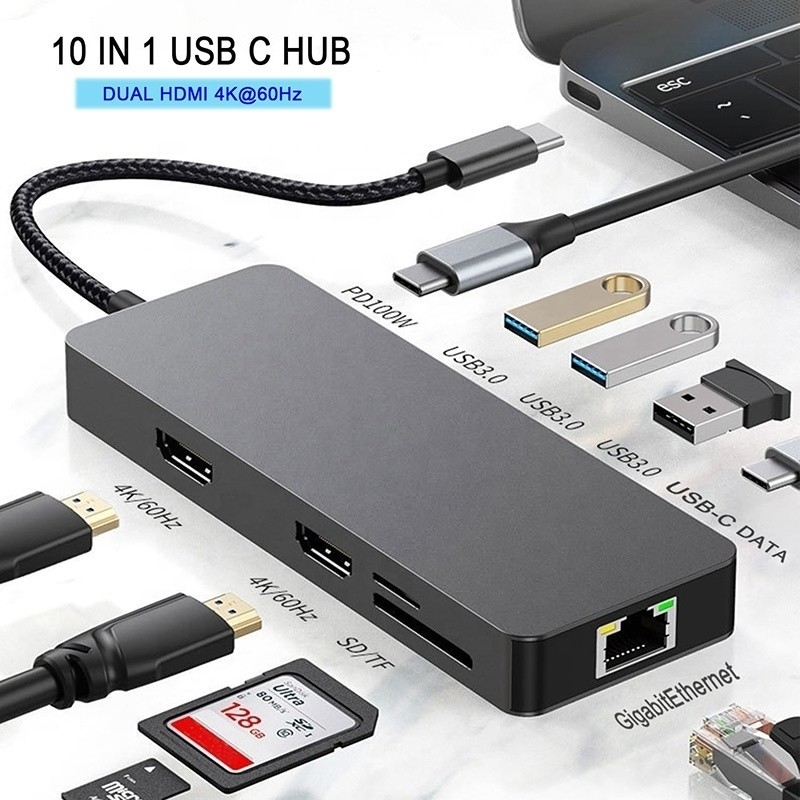 10 en 1 USB C Hub para HDMI doble 4K 60Hz Adaptador con USB 3.0 Ethernet RJ45 1000Mbps