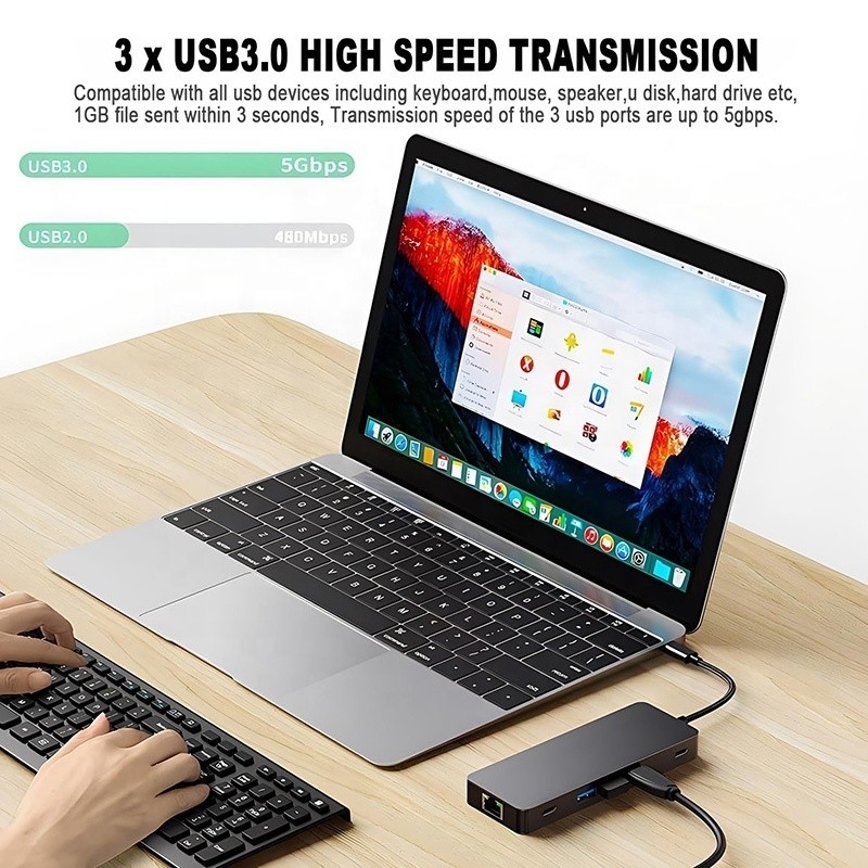 10 en 1 USB C Hub para HDMI doble 4K 60Hz Adaptador con USB 3.0 Ethernet RJ45 1000Mbps