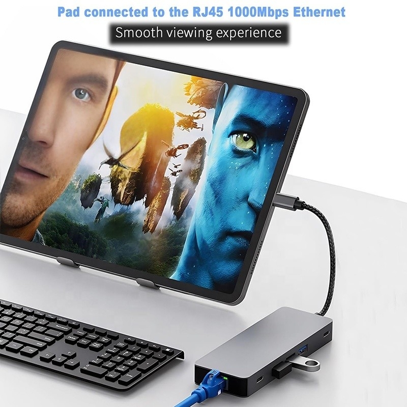 10 en 1 USB C Hub para HDMI doble 4K 60Hz Adaptador con USB 3.0 Ethernet RJ45 1000Mbps