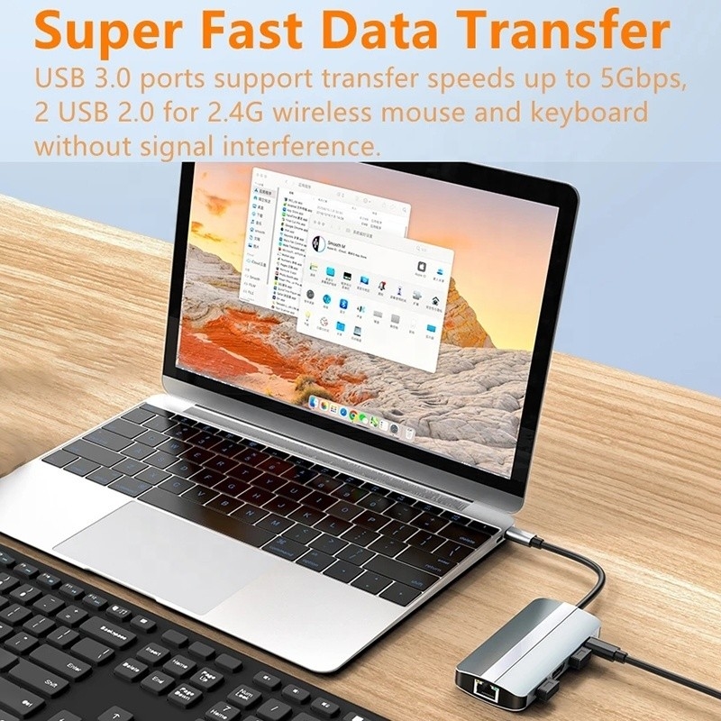 Mac Notebook 9 en 1 tipo C USB-C Hub con HDTV Adaptador de estación de acoplamiento de puertos múltiples