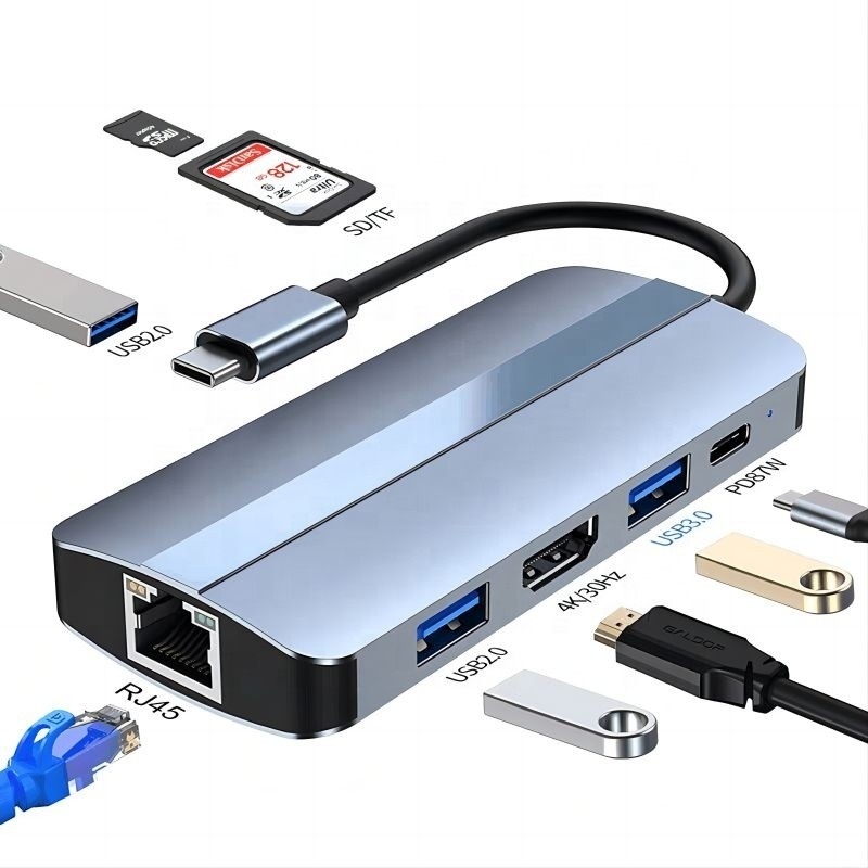 Estación de puerto multipuerto USB tipo C Hub con función de red de carga de transferencia de vídeo
