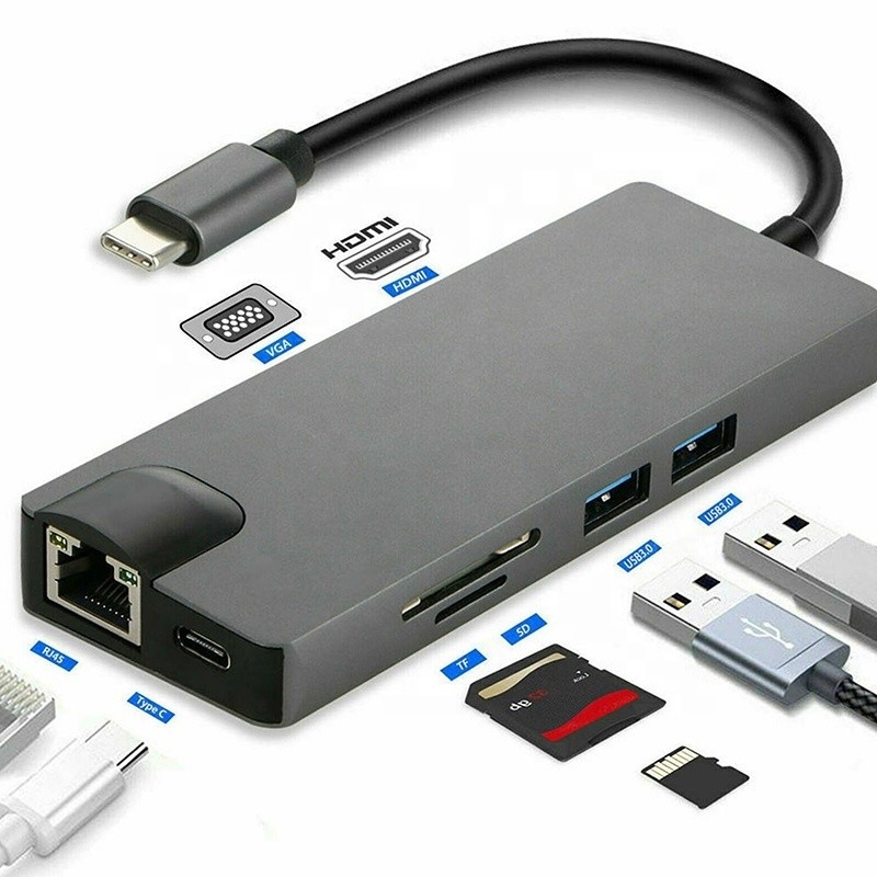 8-en-uno USB C Hub Tipo-C Tipo C 3.1 a 4K HDMI HDTV RJ45 Lan Ethernet PD USB3.0 Adaptador Hub