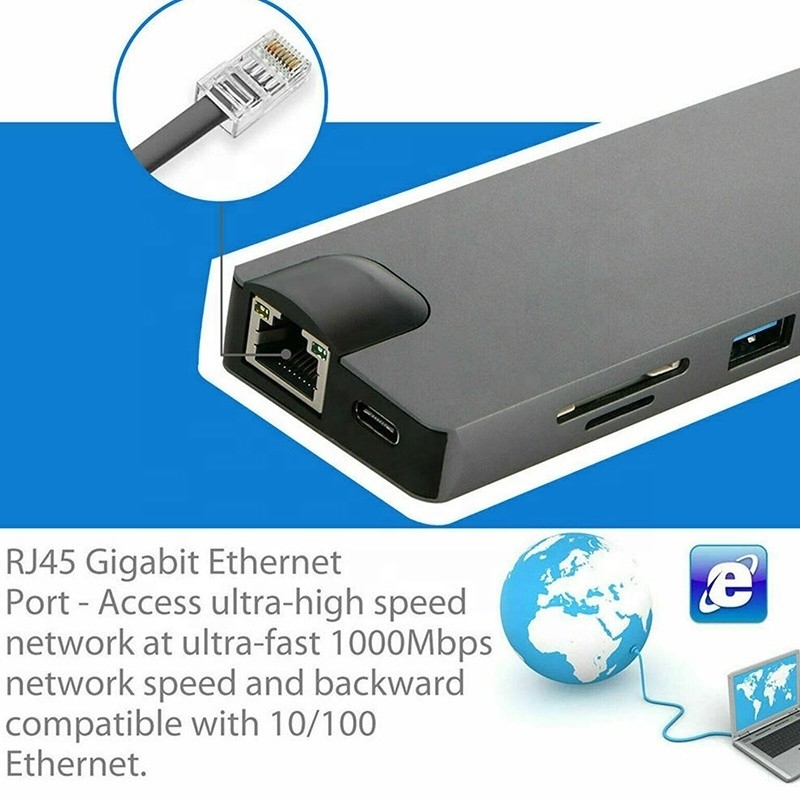8-en-uno USB C Hub Tipo-C Tipo C 3.1 a 4K HDMI HDTV RJ45 Lan Ethernet PD USB3.0 Adaptador Hub