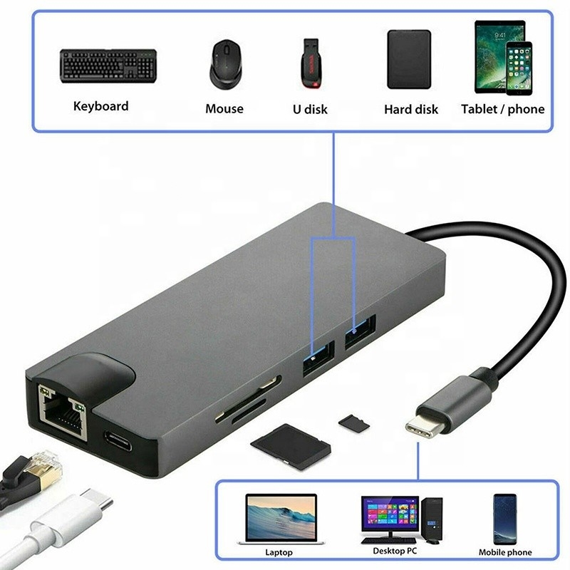 8-en-uno USB C Hub Tipo-C Tipo C 3.1 a 4K HDMI HDTV RJ45 Lan Ethernet PD USB3.0 Adaptador Hub