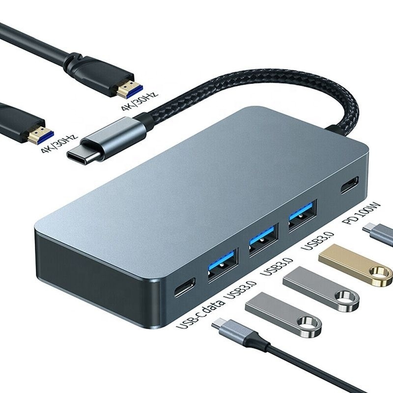 Estación de acoplamiento de 4K 30Hz HDMI USB 3.0 doble Adaptador 7 en 1 Multiport USB C Tipo C Hub