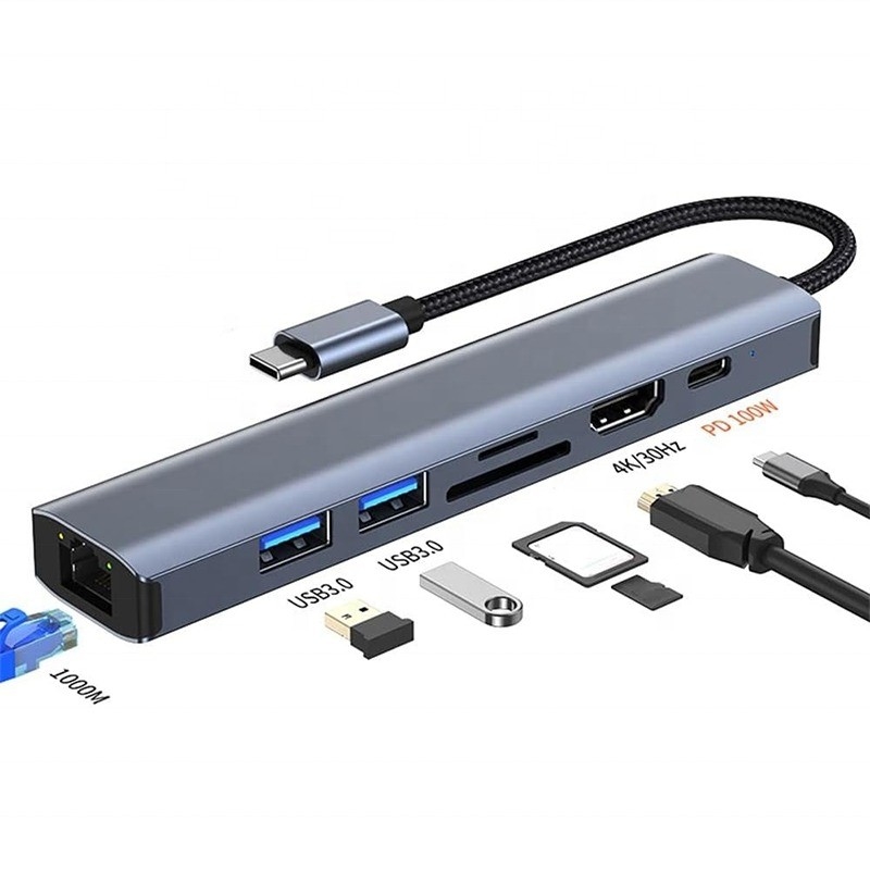 Grigio 7 en 1 USB tipo C Hub con 1000M RJ45 Gigabit Ethernet 4K HDMI PD 100W adaptador