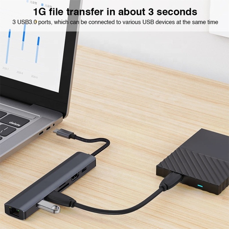 Grigio 7 en 1 USB tipo C Hub con 1000M RJ45 Gigabit Ethernet 4K HDMI PD 100W adaptador