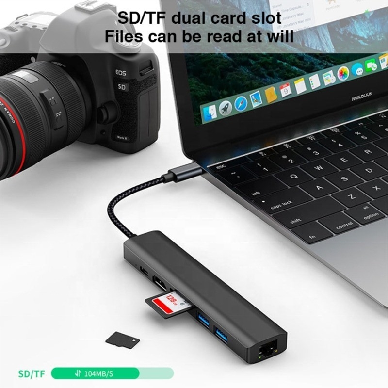 Grigio 7 en 1 USB tipo C Hub con 1000M RJ45 Gigabit Ethernet 4K HDMI PD 100W adaptador