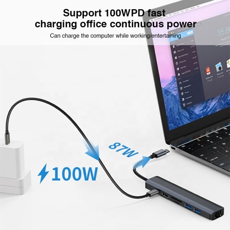 Grigio 7 en 1 USB tipo C Hub con 1000M RJ45 Gigabit Ethernet 4K HDMI PD 100W adaptador