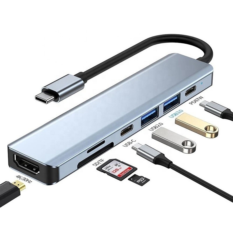 Grigio 7 en 1 USB C a HDMI Adaptador Hub Dock con 4K HD HDMI PD SD TF SD / TF lector de tarjetas