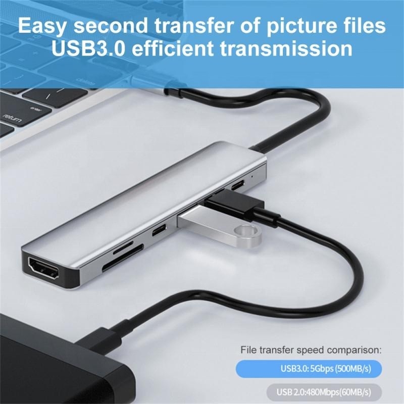 Grigio 7 en 1 USB C a HDMI Adaptador Hub Dock con 4K HD HDMI PD SD TF SD / TF lector de tarjetas