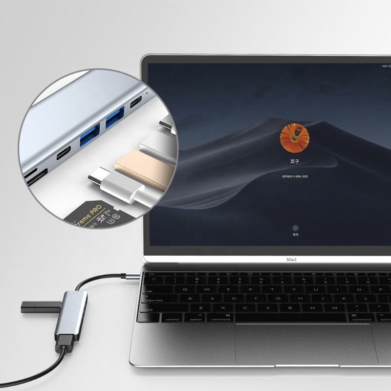 Grigio 7 en 1 USB C a HDMI Adaptador Hub Dock con 4K HD HDMI PD SD TF SD / TF lector de tarjetas