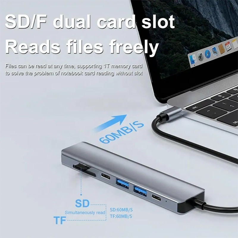 Grigio 7 en 1 USB C a HDMI Adaptador Hub Dock con 4K HD HDMI PD SD TF SD / TF lector de tarjetas