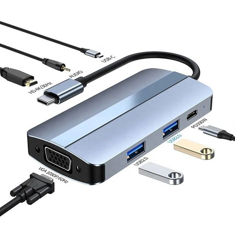 Adaptador de centro de conexión USB tipo C de 7 en 1 con color gris y 4K HDMI VGA Multiport Dock Station