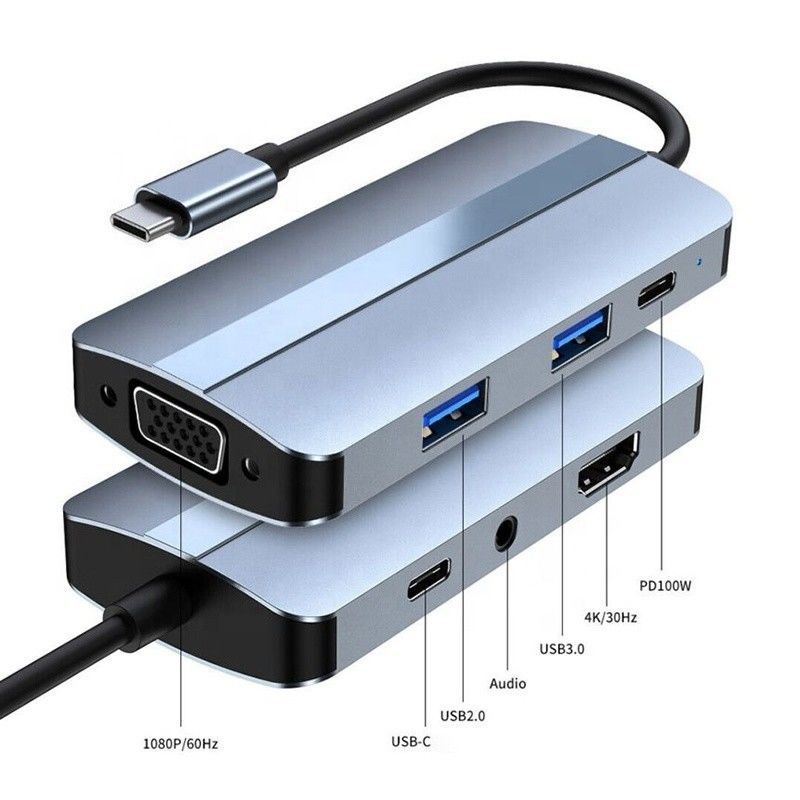 Adaptador de centro de conexión USB tipo C de 7 en 1 con color gris y 4K HDMI VGA Multiport Dock Station