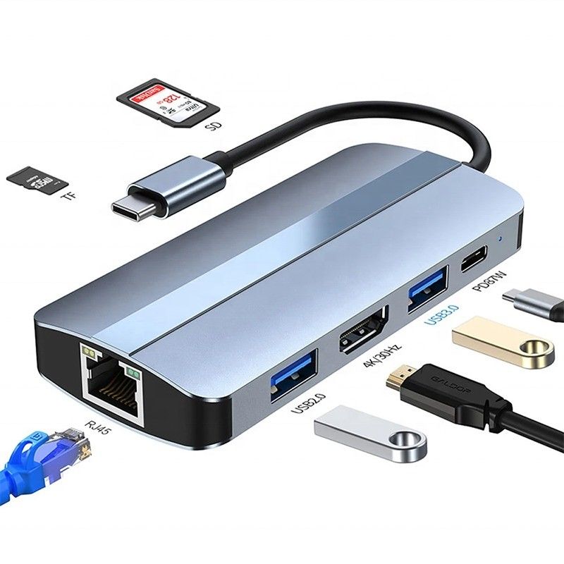 7 en 1 USB C USB-C Hub para Macbook Gris HDMI USB 3.0 USB2.0 RJ45 SD/TF Lector de tarjetas PD salida