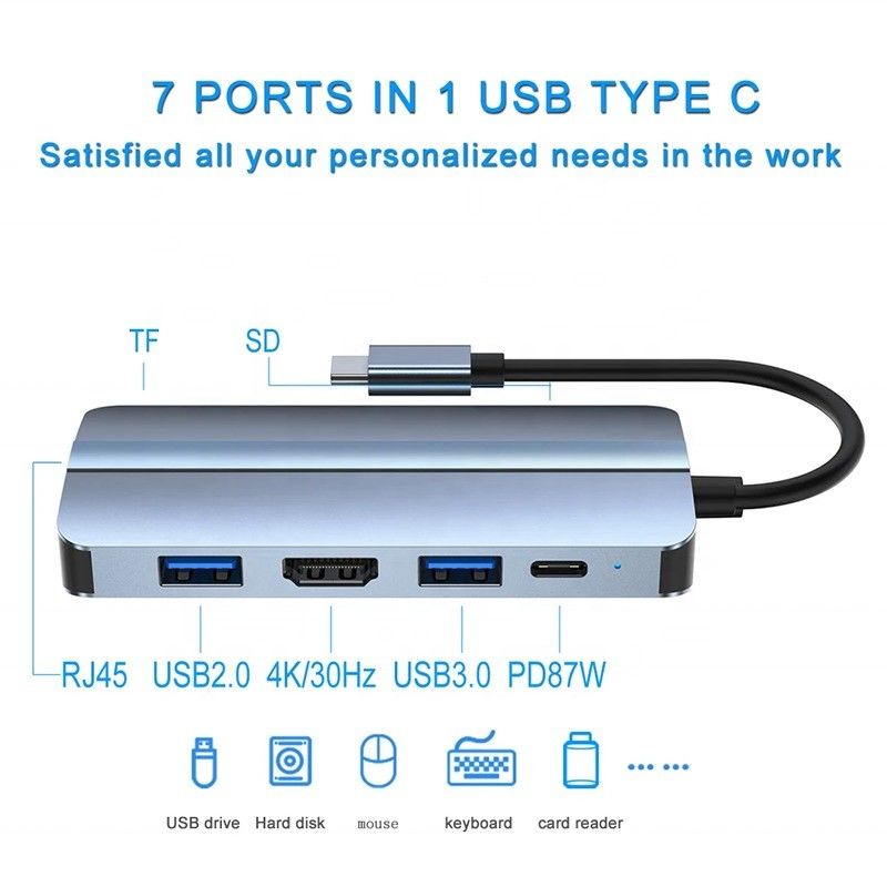 7 en 1 USB C USB-C Hub para Macbook Gris HDMI USB 3.0 USB2.0 RJ45 SD/TF Lector de tarjetas PD salida
