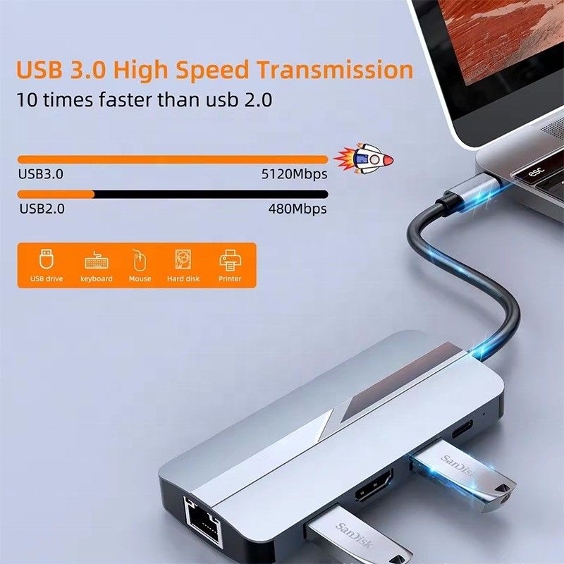 7 en 1 USB C USB-C Hub para Macbook Gris HDMI USB 3.0 USB2.0 RJ45 SD/TF Lector de tarjetas PD salida