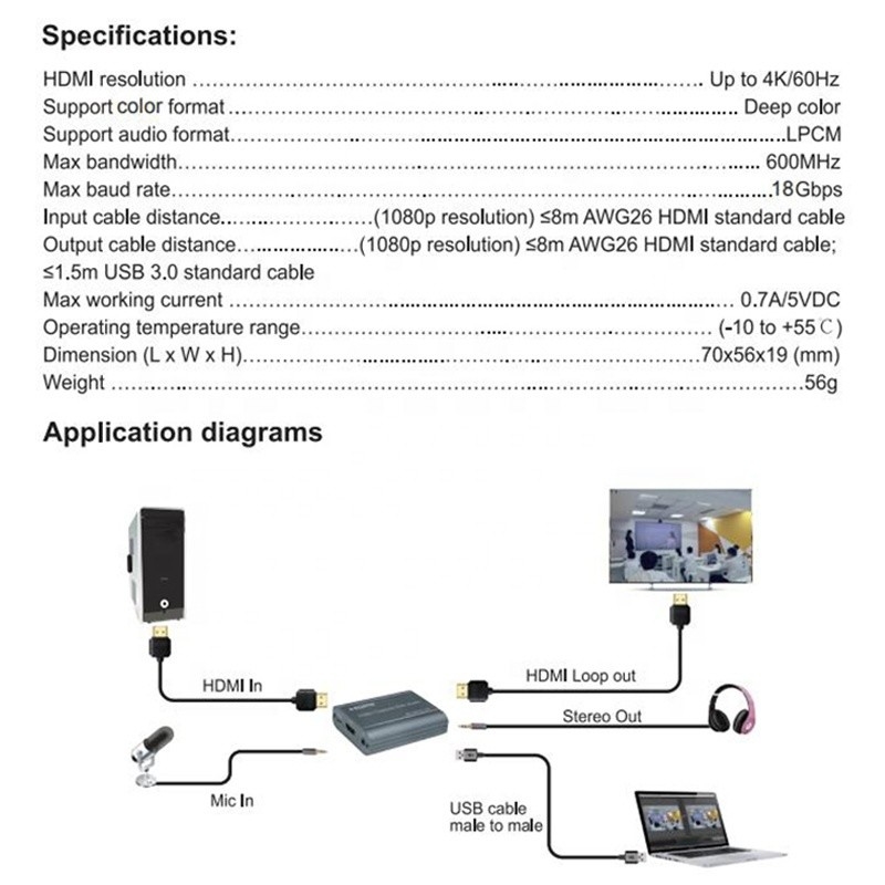Tarjeta de captura de vídeo profesional 4K 60Hz HDMI a USB3.0 con salida de audio y USB 3.0