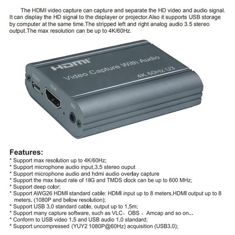 Tarjeta de captura de vídeo profesional 4K 60Hz HDMI a USB3.0 con salida de audio y USB 3.0