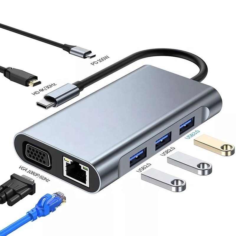 11 en 1 USB-C Hub Tipo-C a HDMI USB3.0 USB2.0 SD TF Adaptador Hub con lector de tarjetas