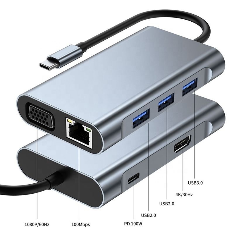 11 en 1 USB-C Hub Tipo-C a HDMI USB3.0 USB2.0 SD TF Adaptador Hub con lector de tarjetas
