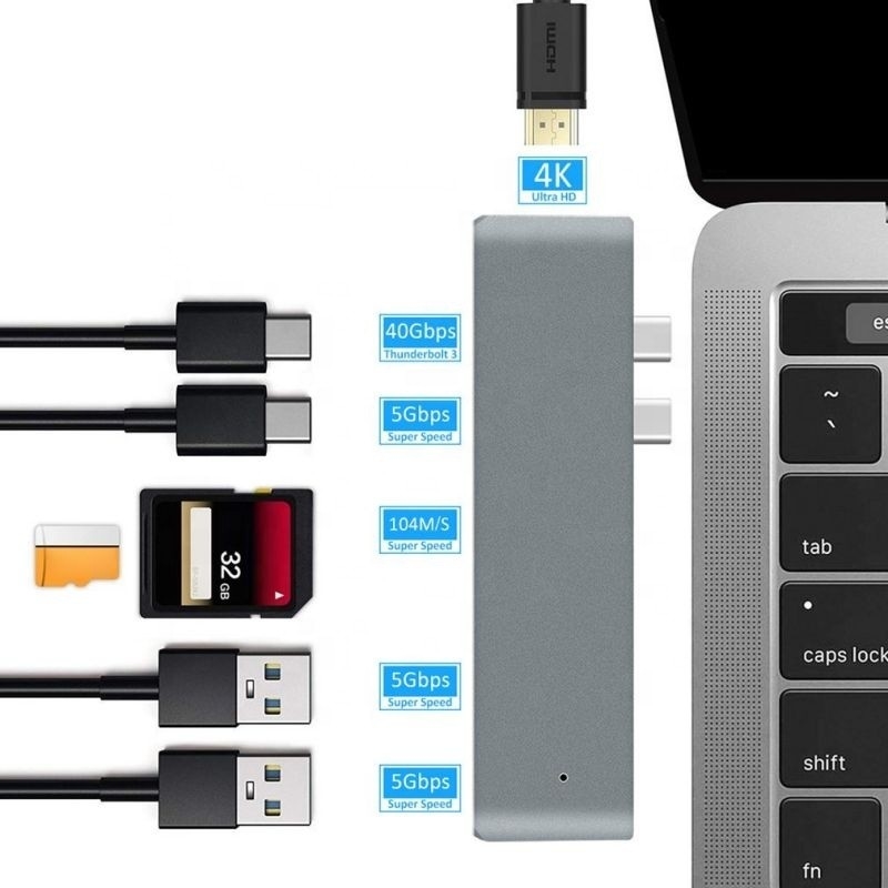 Estación de acoplamiento de eje 7-en-2 con doble entrada masculina tipo C y tipo de interfaz USB 3.1