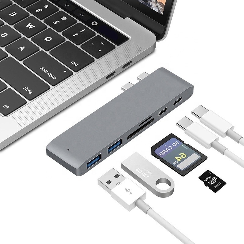 Estación de acoplamiento multipuerto 6-en-1 Adaptador de eje tipo C con salida SD/TF 2*USB3.0 2*USB-C