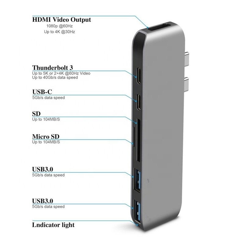 Estación de acoplamiento multipuerto 6-en-1 Adaptador de eje tipo C con salida SD/TF 2*USB3.0 2*USB-C