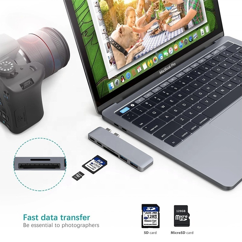 Estación de acoplamiento multipuerto 6-en-1 Adaptador de eje tipo C con salida SD/TF 2*USB3.0 2*USB-C