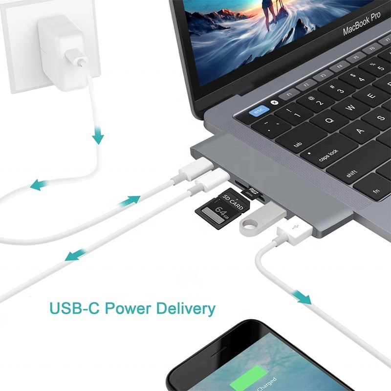 Estación de acoplamiento multipuerto 6-en-1 Adaptador de eje tipo C con salida SD/TF 2*USB3.0 2*USB-C