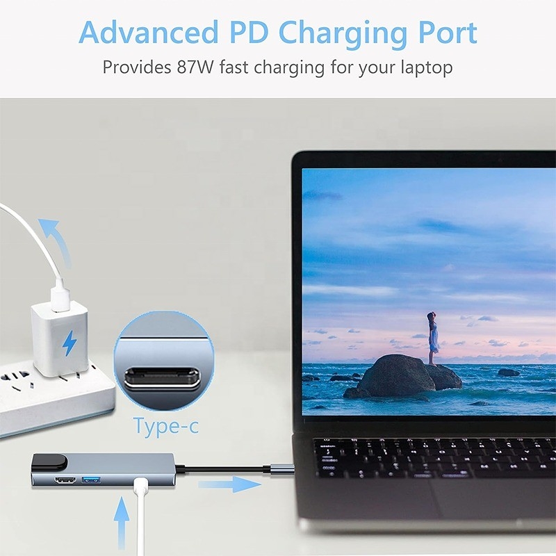 Estación de acoplamiento USB C PD gris para la función de carga de computadoras portátiles Transferencia de datos Salida de video