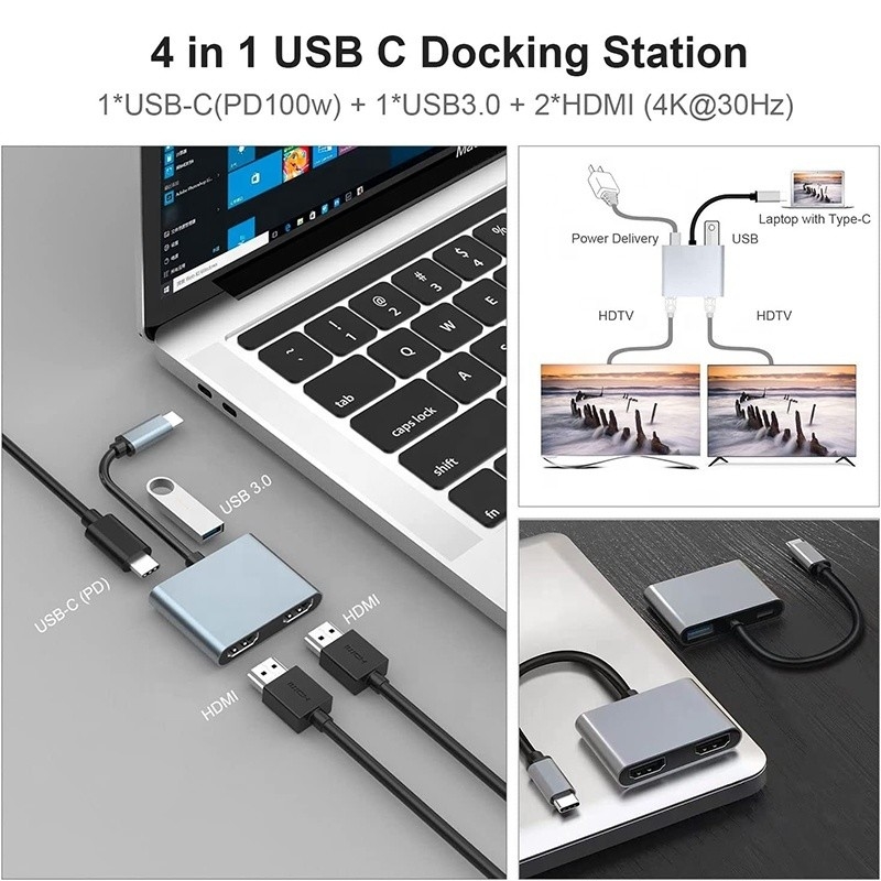 Adaptador USB C a doble 4K HDMI MST de 4 en 1 para transferencia de datos de carga y salida de video
