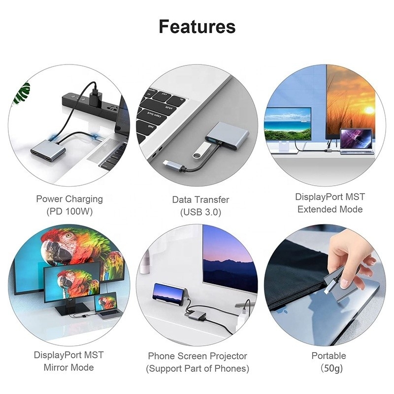 Adaptador USB C a doble 4K HDMI MST de 4 en 1 para transferencia de datos de carga y salida de video