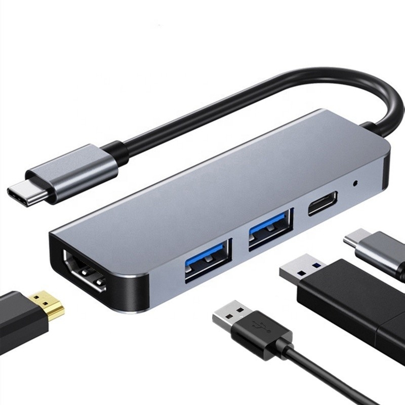 Adaptador de conexión 4K HDMI compatible tipo C a USB C con 2 puertos de carga USB3.0 y PD