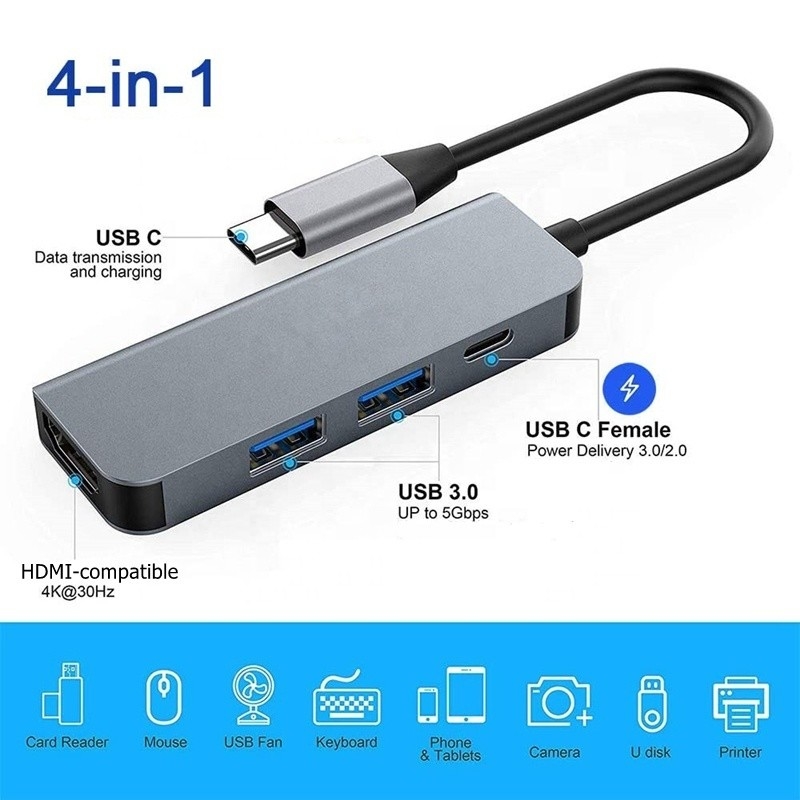 Adaptador de conexión 4K HDMI compatible tipo C a USB C con 2 puertos de carga USB3.0 y PD