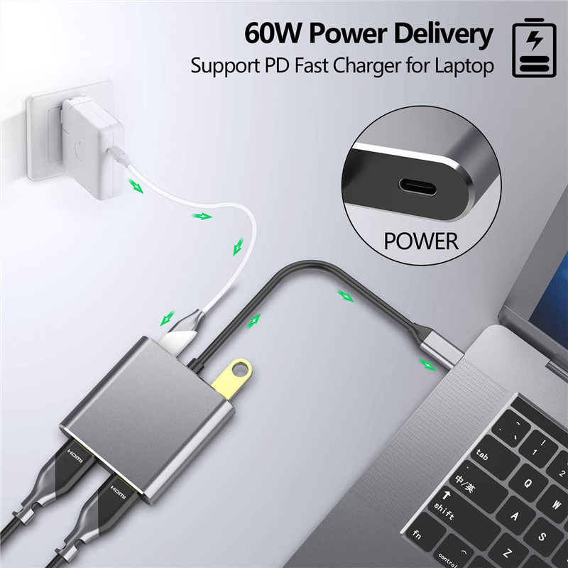 Estación de acoplamiento 4 en 1 con 2 puertos HDMI 4K duales y adaptador USB-C tipo-C a HDMI dual