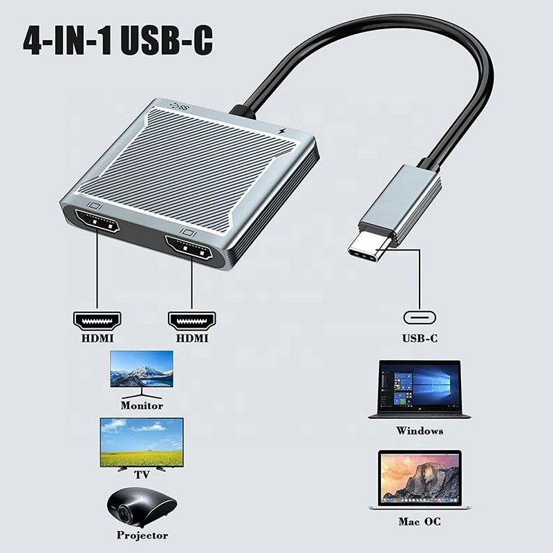 Conector de interfaz USB C tipo C Adaptador HDMI doble 4K 4 en 1 USB 3.0 Hub para portátil
