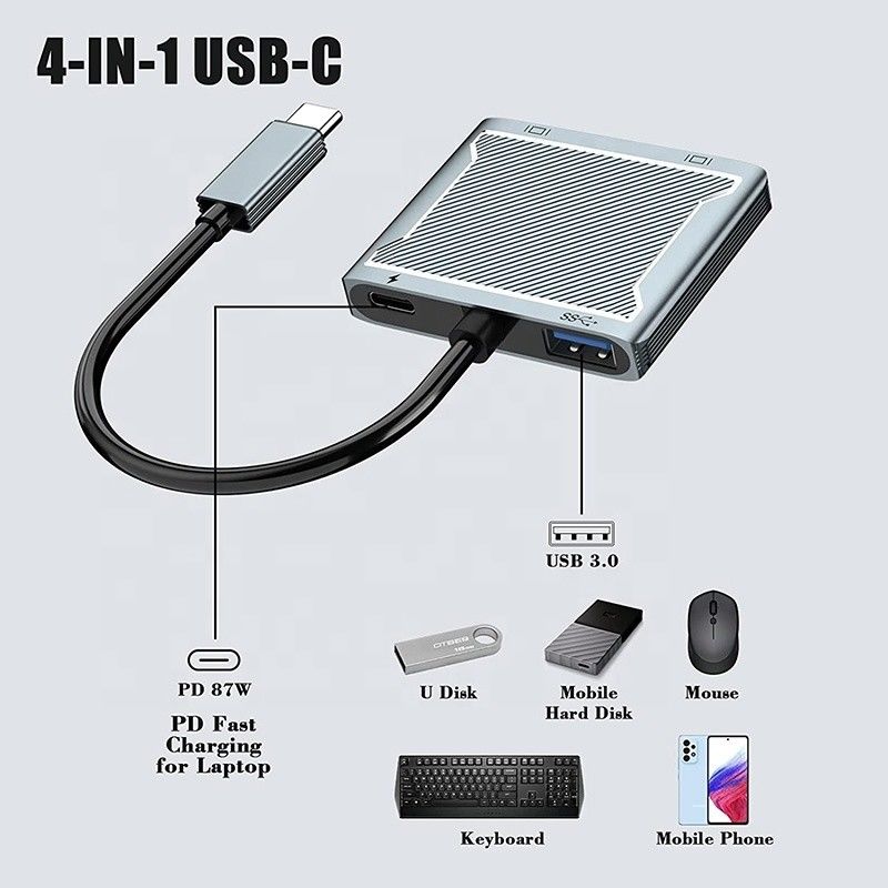 Conector de interfaz USB C tipo C Adaptador HDMI doble 4K 4 en 1 USB 3.0 Hub para portátil