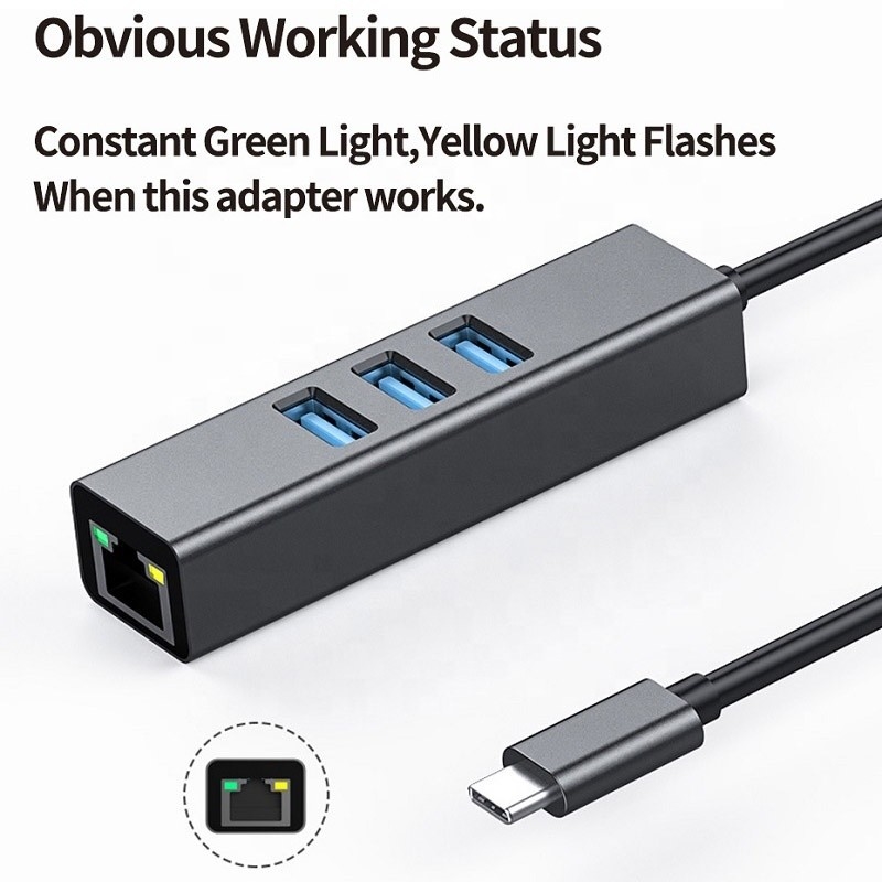 USB 3.1 Tipo C a 9 puertos USB3.0 Hub con Ethernet Gigabit RJ45 Adaptador de puertos Lan Gris