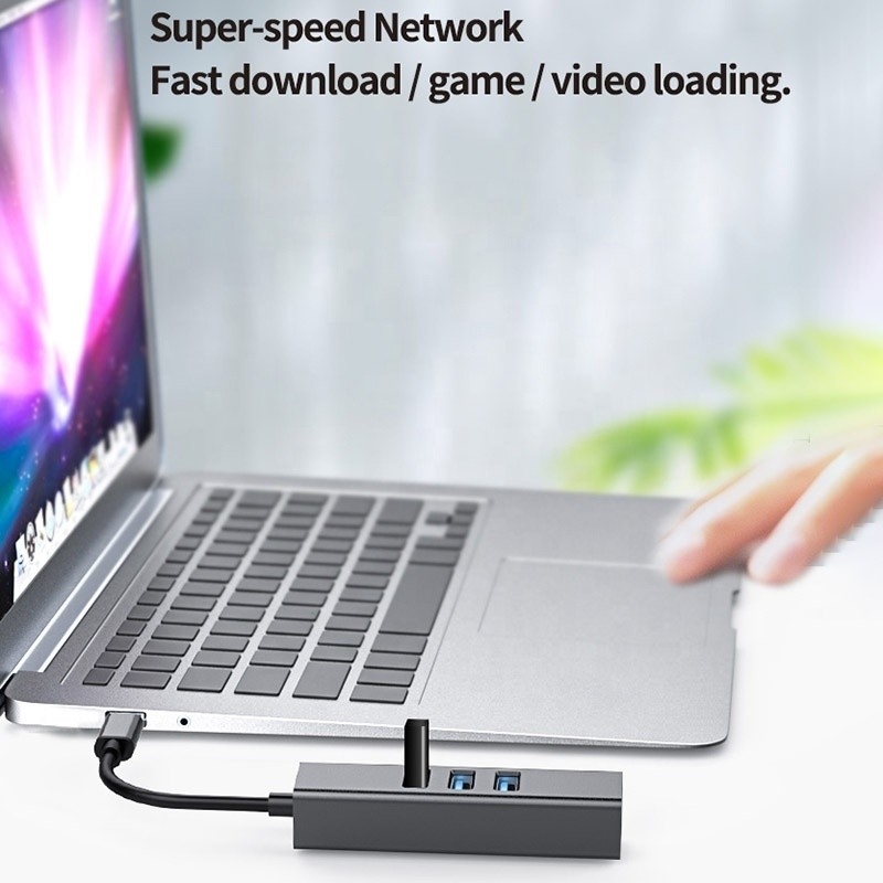 USB 3.1 Tipo C a 9 puertos USB3.0 Hub con Ethernet Gigabit RJ45 Adaptador de puertos Lan Gris