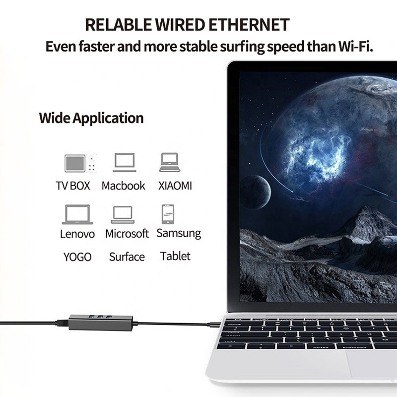 USB 3.1 Tipo C a 9 puertos USB3.0 Hub con Ethernet Gigabit RJ45 Adaptador de puertos Lan Gris