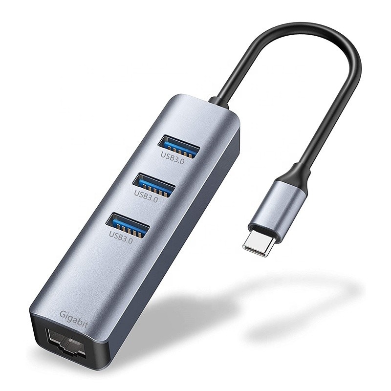Interfaz USB 3.1 Tipo C a 9 puertos Adaptador USB A 3.0 con tarjeta de red Ethernet Gigabit RJ45 Gris