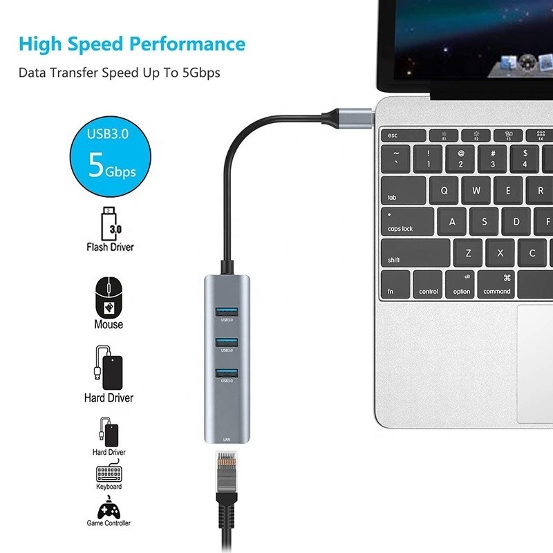 Interfaz USB 3.1 Tipo C a 9 puertos Adaptador USB A 3.0 con tarjeta de red Ethernet Gigabit RJ45 Gris